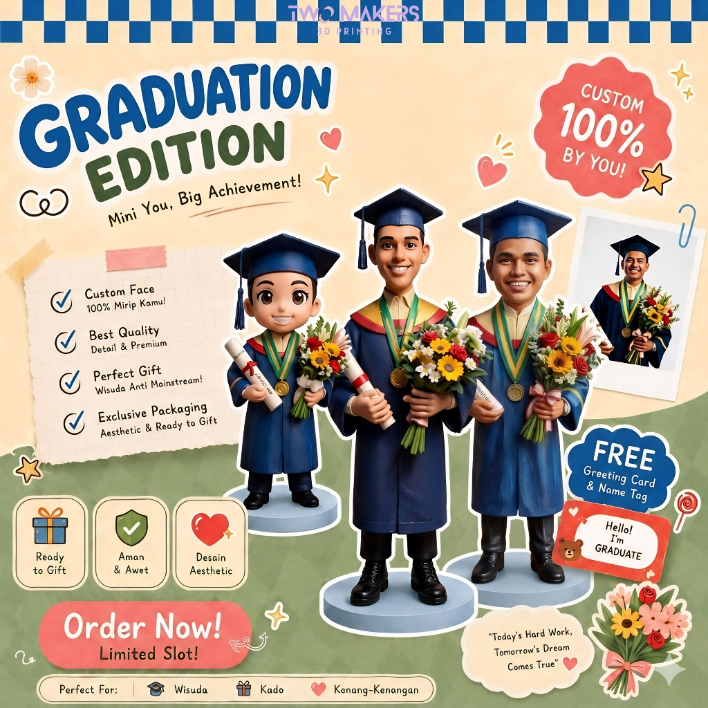 Custom Figure 3D Dari Foto - Mini Patung Wajah Custom Hadiah Unik Wisuda Ulang Tahun Gift Merchandise Chibi Bobblehead Cartoon Figurin